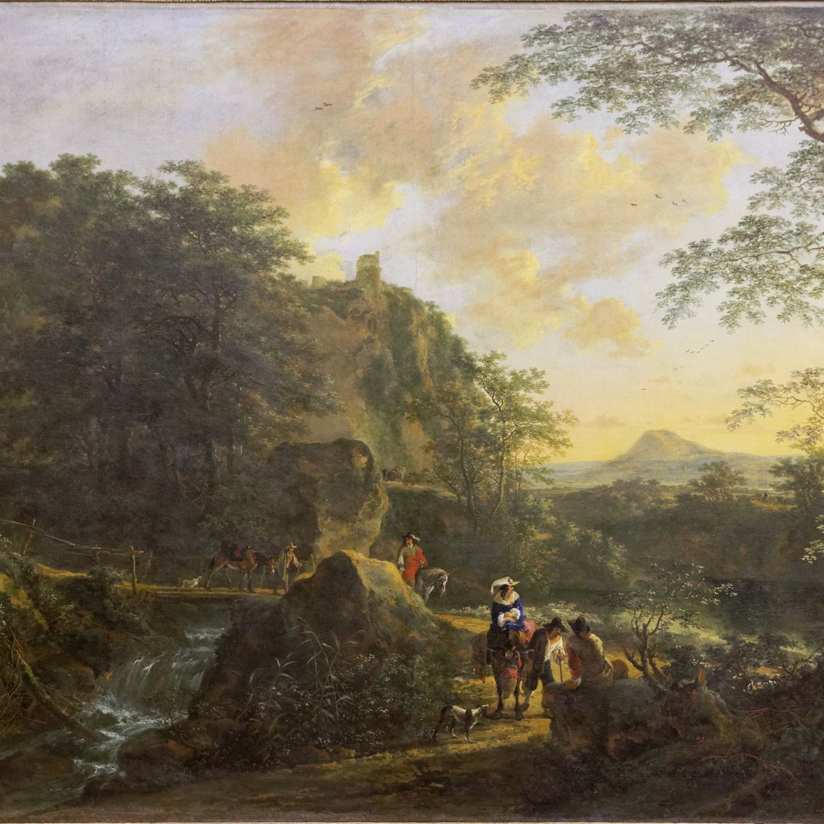 Hand-painted elegant travelers by waterfall at sunset landscape oil painting on canvas