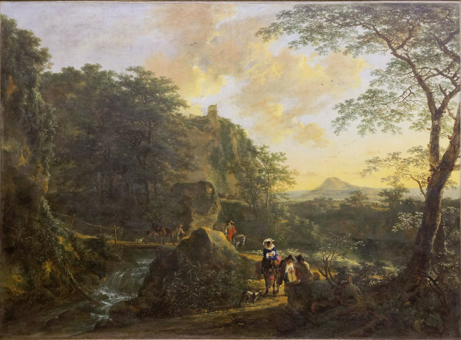 Landscape Oil Painting - Elegant Travelers by Waterfall at Sunset - Oil Painting Haven