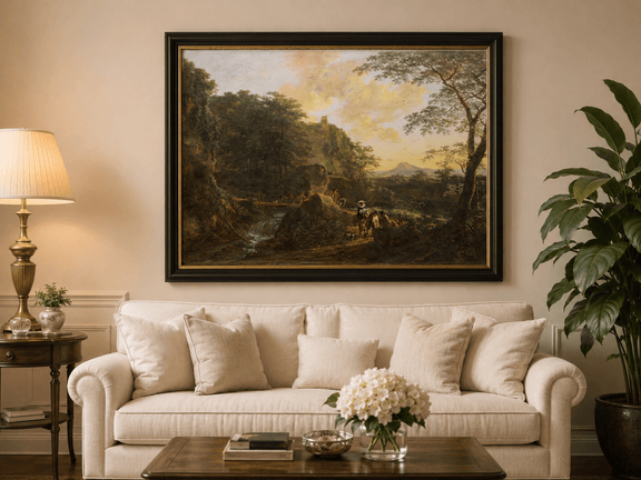 Elegant travelers by a waterfall at sunset landscape oil painting displayed in a styled home interior.