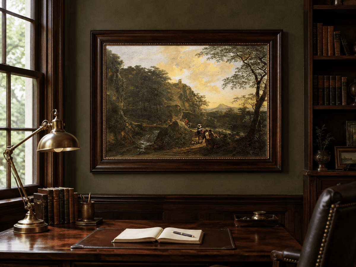Elegant travelers and waterfall at sunset landscape oil painting presented in an interior wall art mockup.