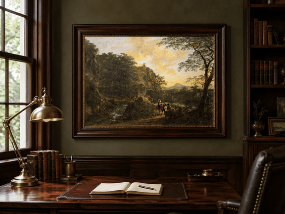 Elegant travelers and waterfall at sunset landscape oil painting presented in an interior wall art mockup.