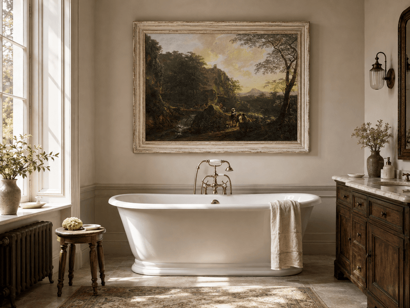 Elegant travelers by a waterfall landscape oil painting presented as interior home decor.