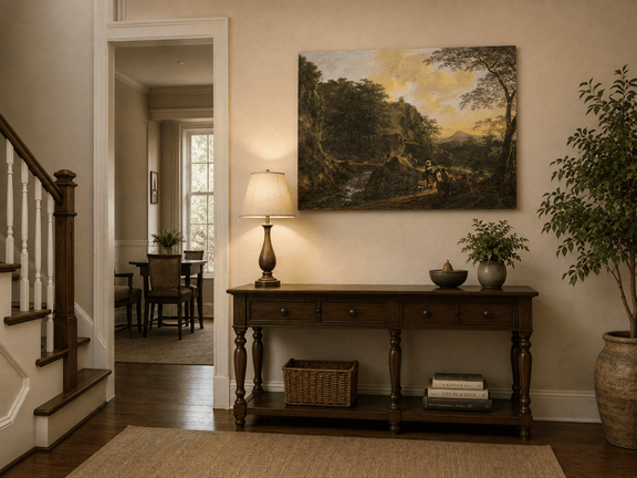 Interior wall art view featuring elegant travelers by a waterfall at sunset oil painting.