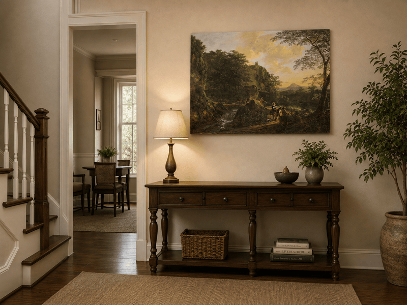 Interior wall art view featuring elegant travelers by a waterfall at sunset oil painting.