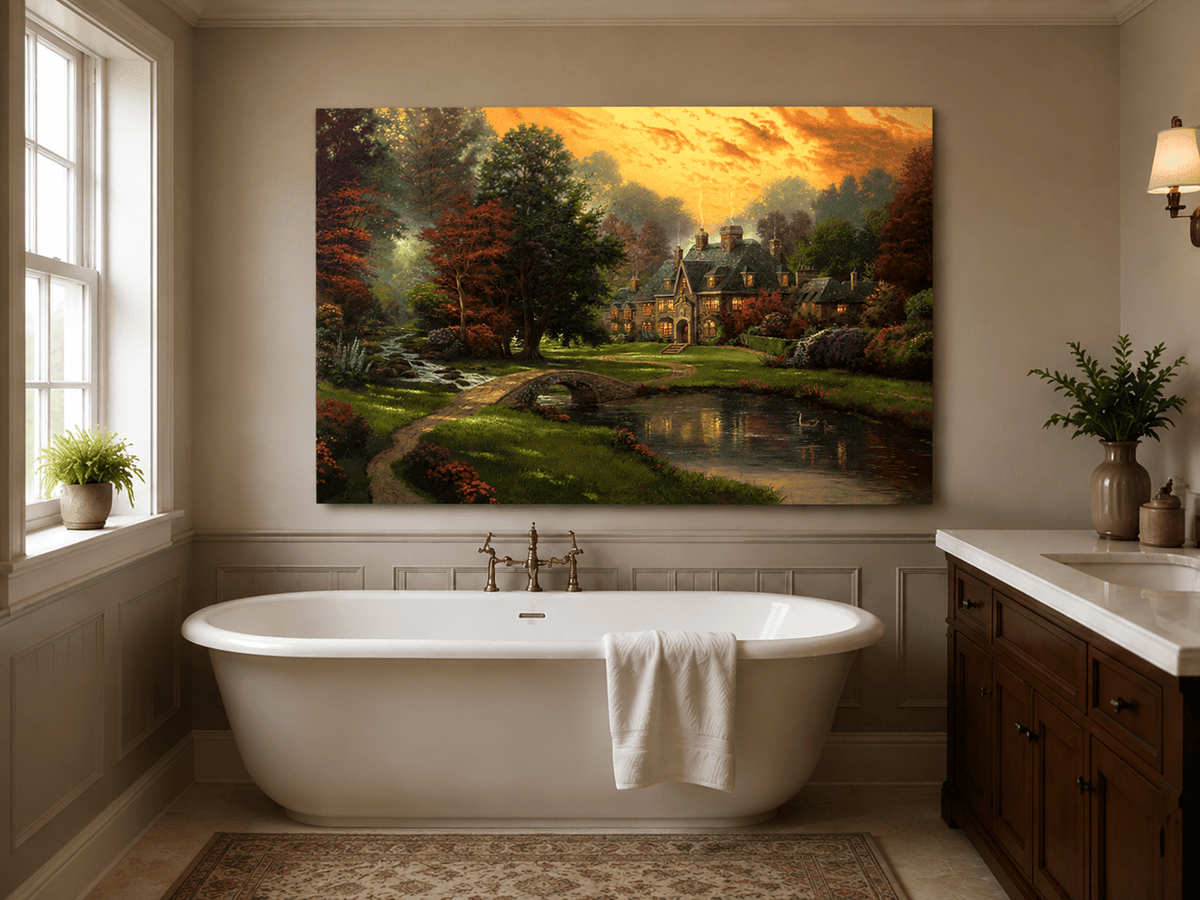 Peinture à l'huile de paysage - Charmant cottage champêtre au coucher du soleil
