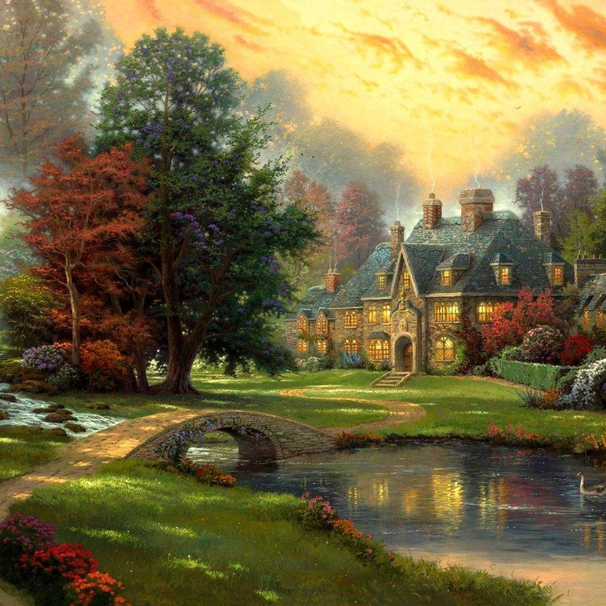 Landscape Oil Painting - Enchanted Country Cottage at Sunset - Oil Painting Haven