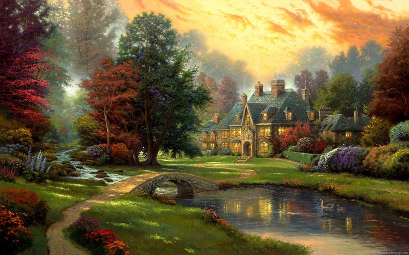 Landscape Oil Painting - Enchanted Country Cottage at Sunset - Oil Painting Haven