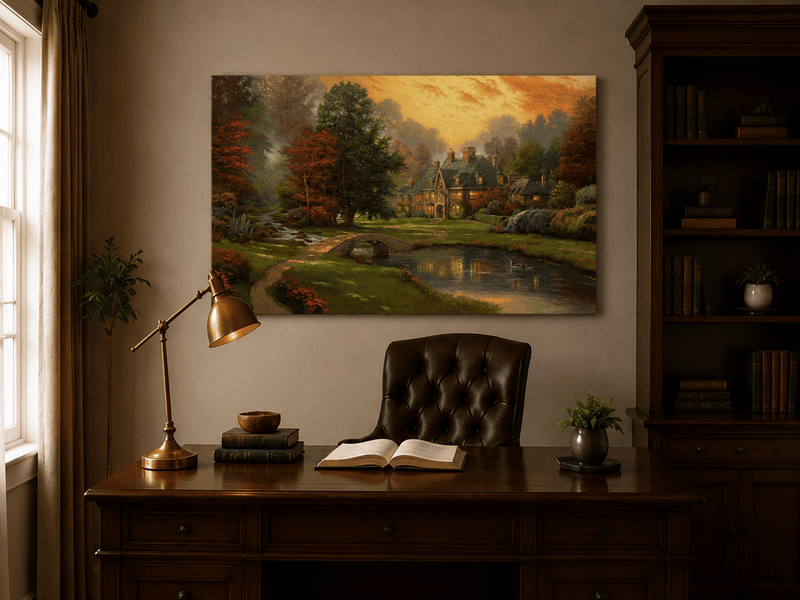 Peinture à l'huile de paysage - Charmant cottage champêtre au coucher du soleil