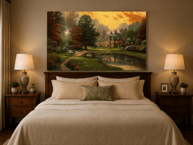 Peinture à l'huile de paysage - Charmant cottage champêtre au coucher du soleil