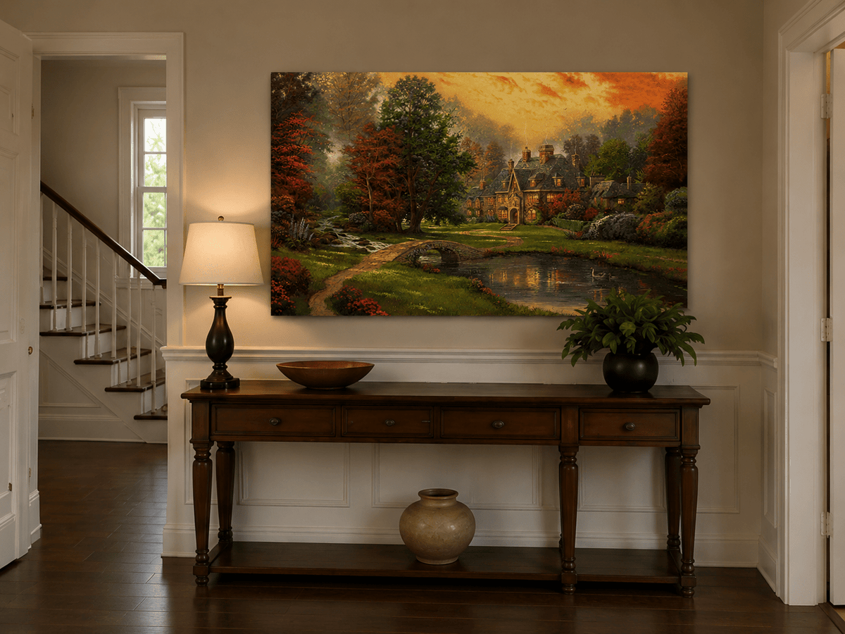 Peinture à l'huile de paysage - Charmant cottage champêtre au coucher du soleil