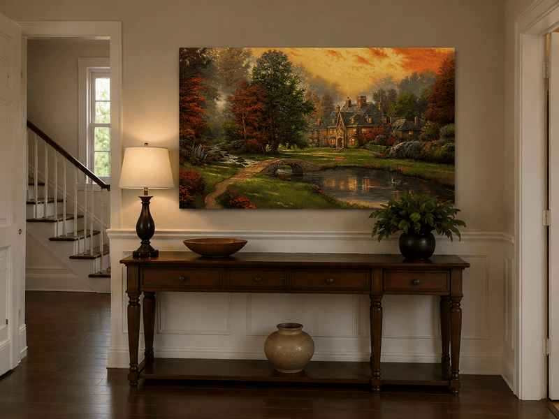 Peinture à l'huile de paysage - Charmant cottage champêtre au coucher du soleil
