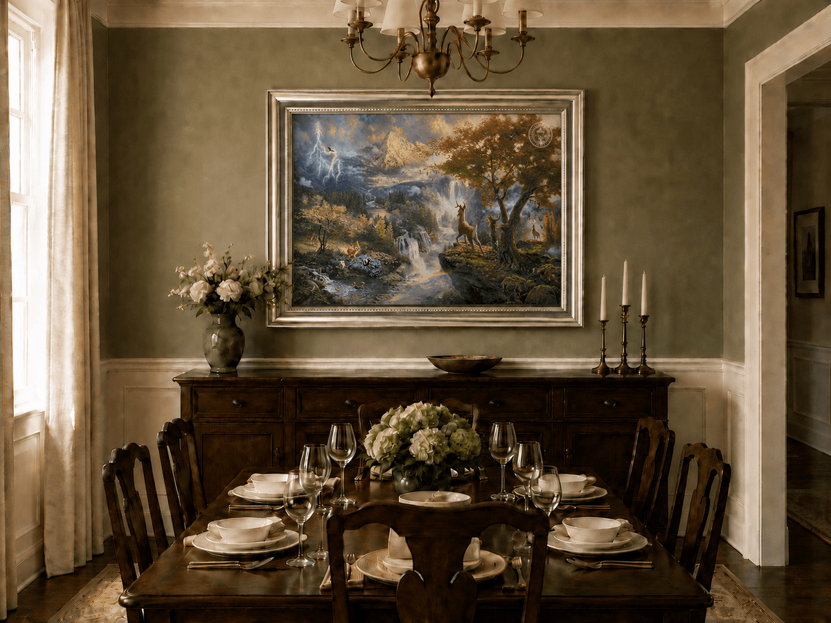 Landscape Oil Painting - Enchanted Mountain Landscape With Deer