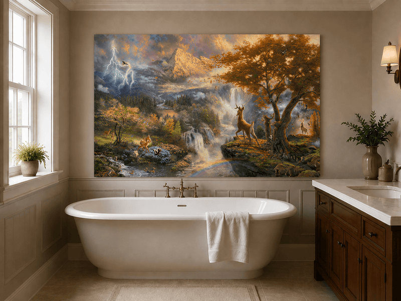 Landscape Oil Painting - Enchanted Mountain Landscape With Deer