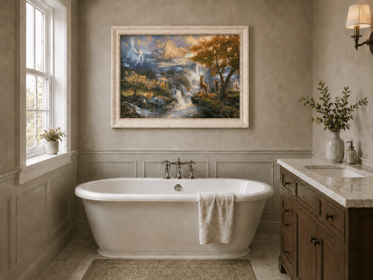 Landscape Oil Painting - Enchanted Mountain Landscape With Deer