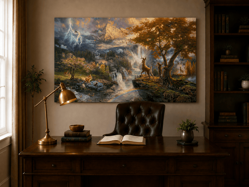 Landscape Oil Painting - Enchanted Mountain Landscape With Deer