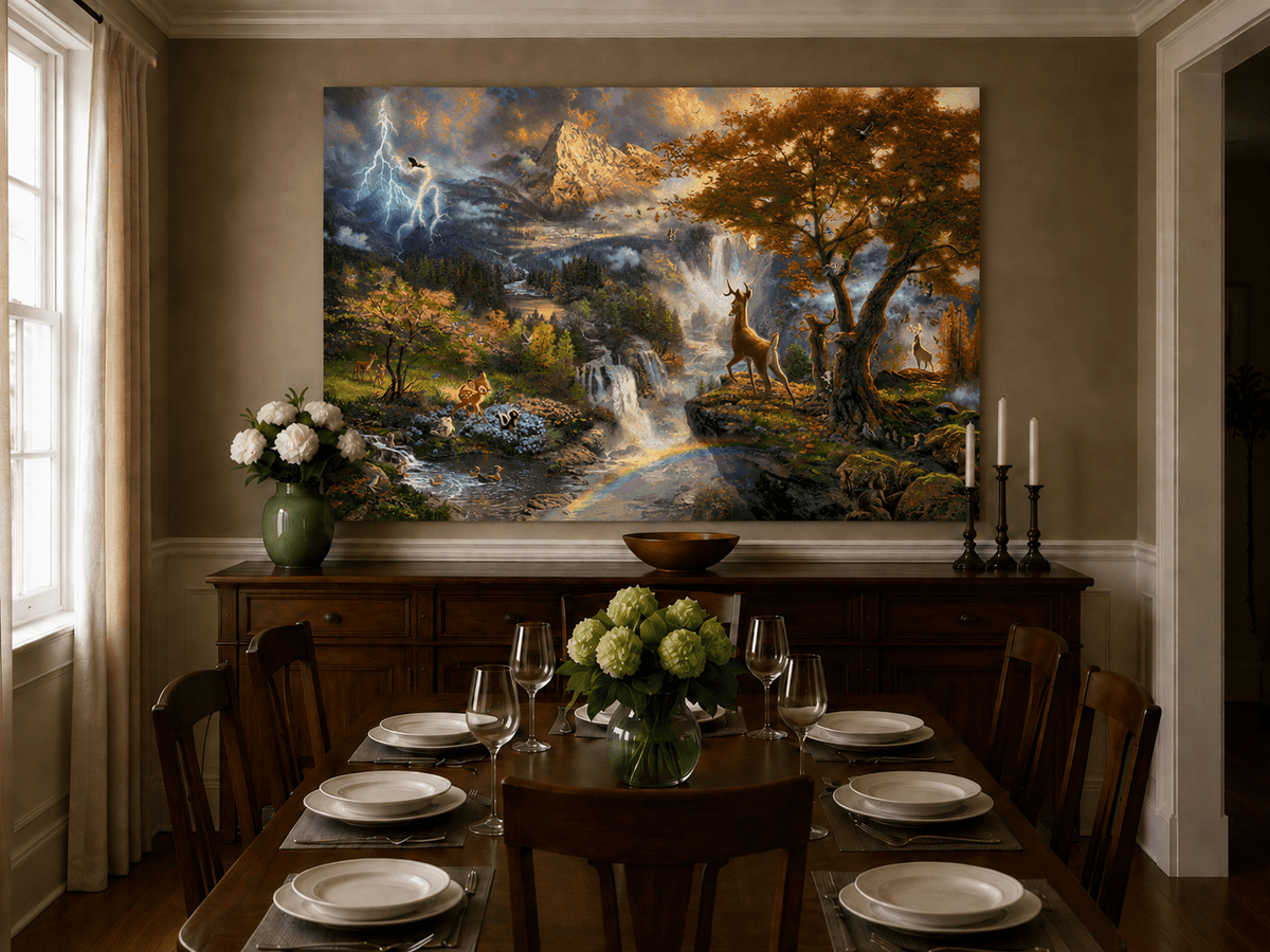 Landscape Oil Painting - Enchanted Mountain Landscape With Deer