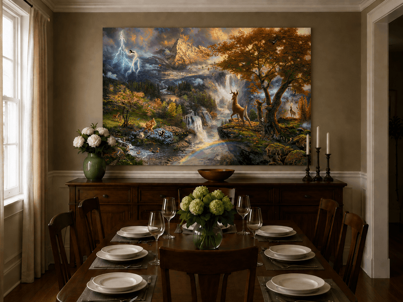 Landscape Oil Painting - Enchanted Mountain Landscape With Deer