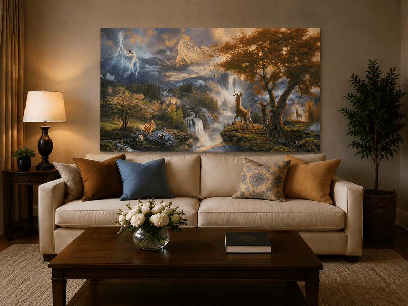 Landscape Oil Painting - Enchanted Mountain Landscape With Deer