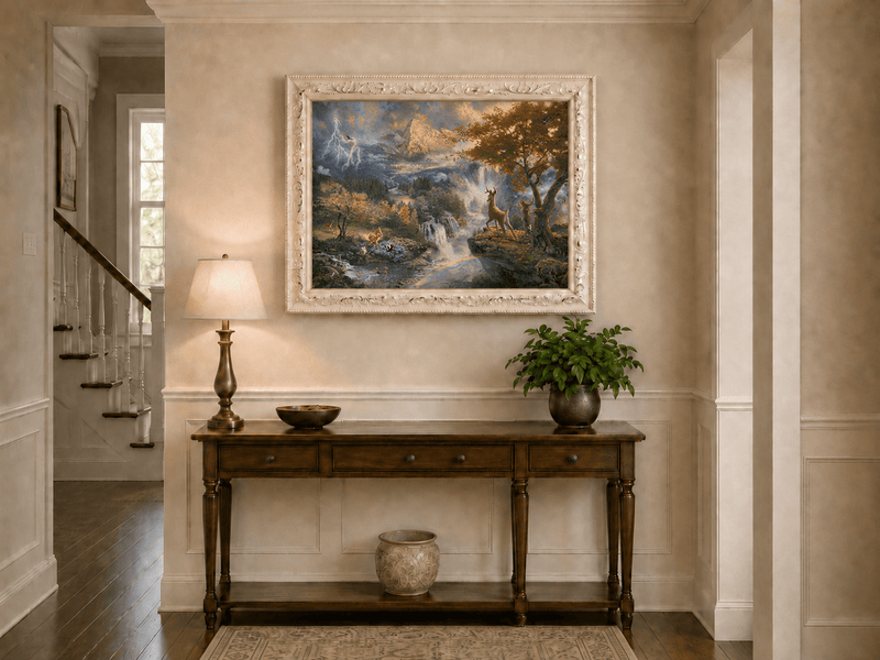 Landscape Oil Painting - Enchanted Mountain Landscape With Deer