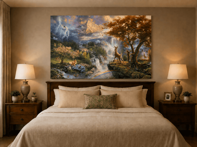 Landscape Oil Painting - Enchanted Mountain Landscape With Deer