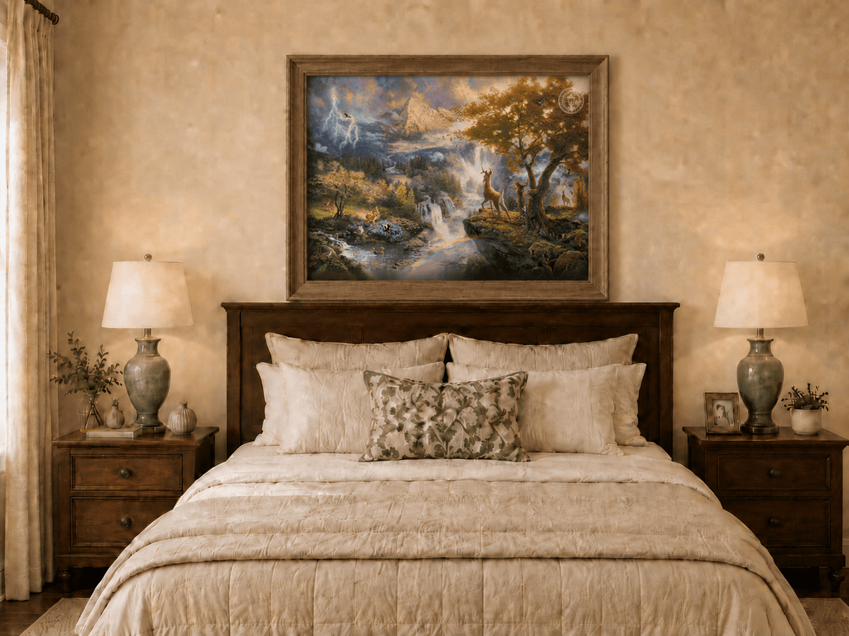 Landscape Oil Painting - Enchanted Mountain Landscape With Deer