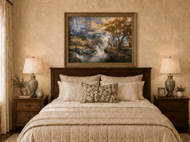Landscape Oil Painting - Enchanted Mountain Landscape With Deer