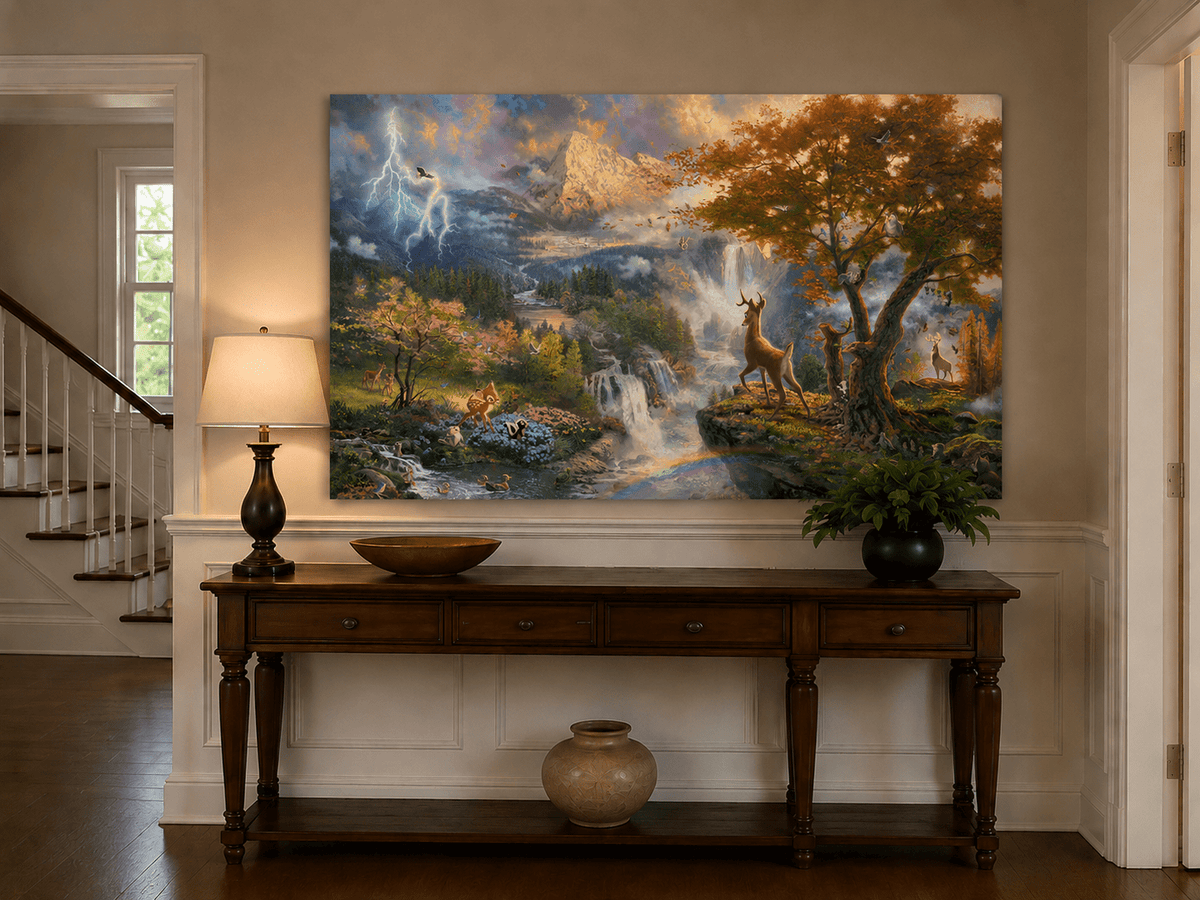 Landscape Oil Painting - Enchanted Mountain Landscape With Deer