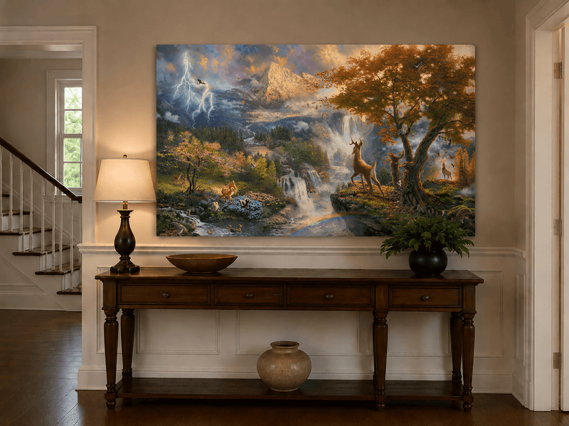 Landscape Oil Painting - Enchanted Mountain Landscape With Deer