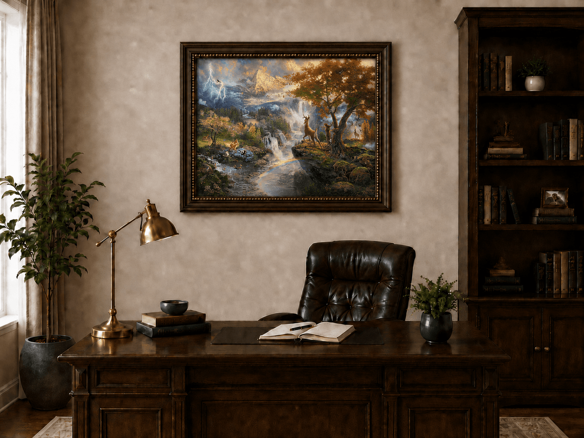 Landscape Oil Painting - Enchanted Mountain Landscape With Deer