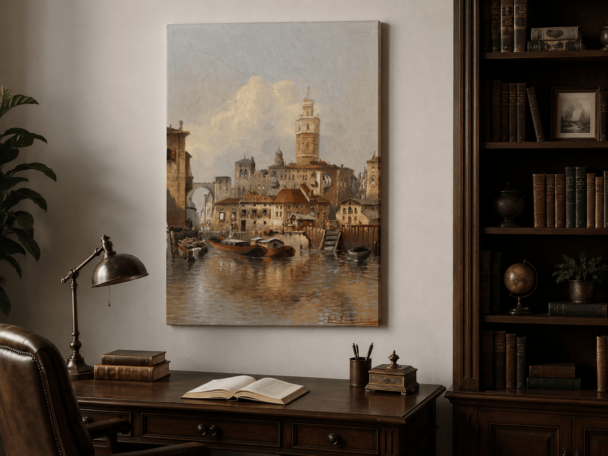 Peinture à l'huile de paysage - Paysage urbain de canal européen | Peinte à la main