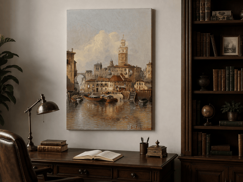 Peinture à l'huile de paysage - Paysage urbain de canal européen | Peinte à la main