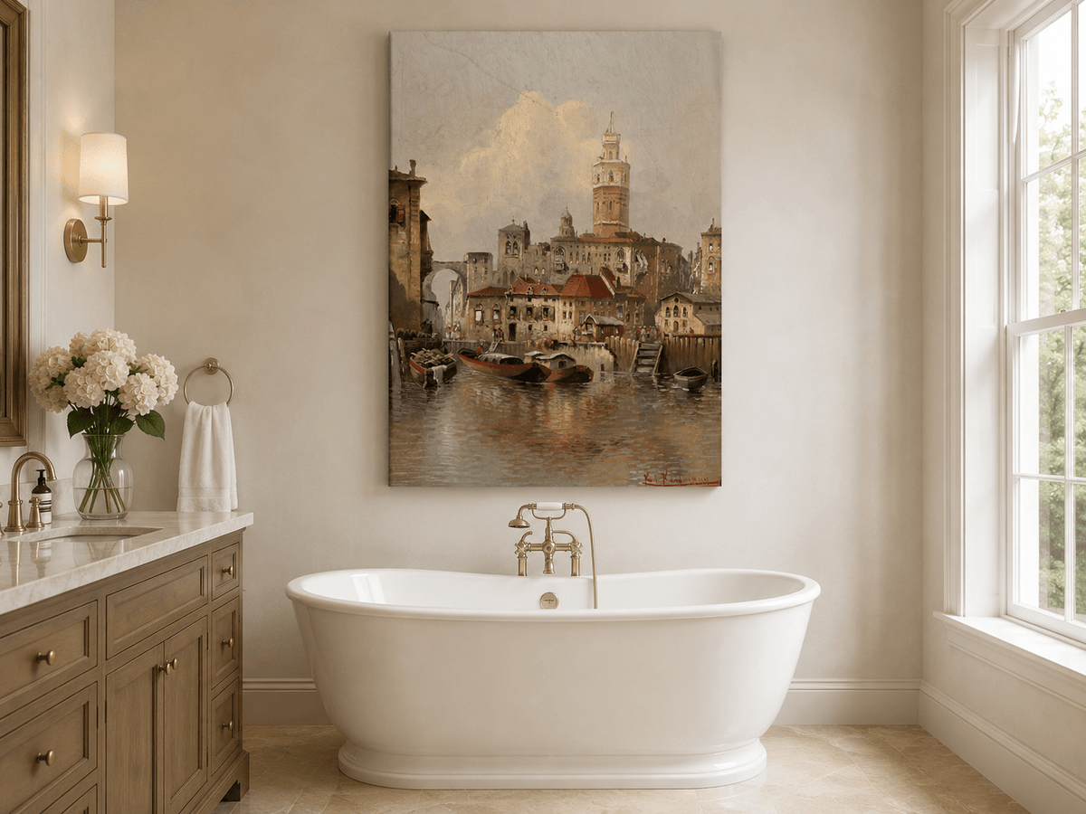 Peinture à l'huile de paysage - Paysage urbain de canal européen | Peinte à la main