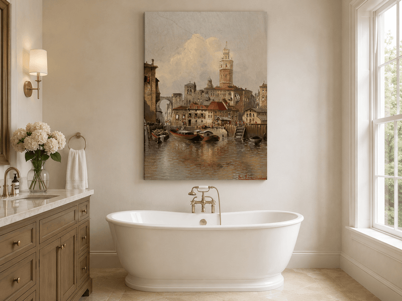 Peinture à l'huile de paysage - Paysage urbain de canal européen | Peinte à la main