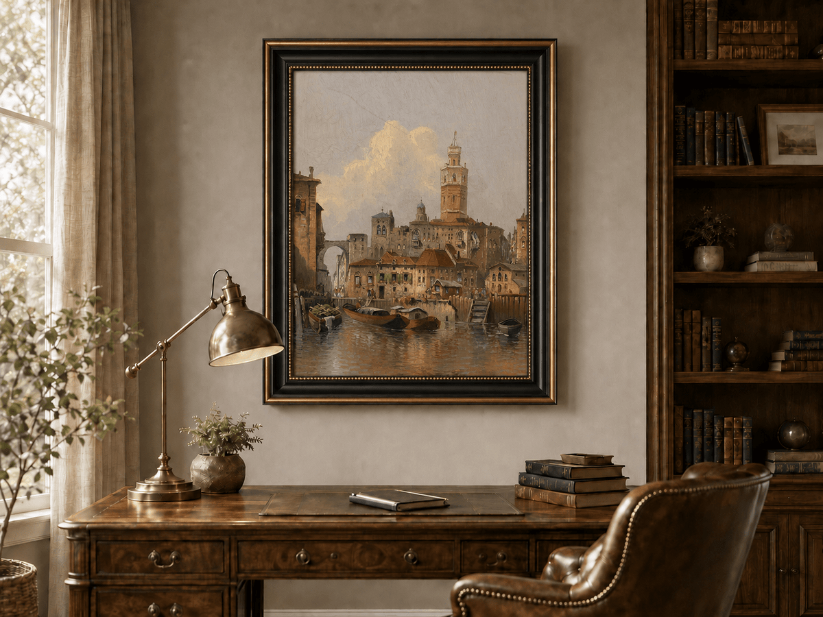 Peinture à l'huile de paysage - Paysage urbain de canal européen | Peinte à la main
