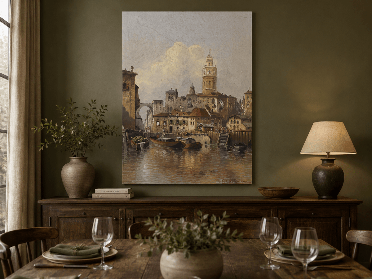 Peinture à l'huile de paysage - Paysage urbain de canal européen | Peinte à la main