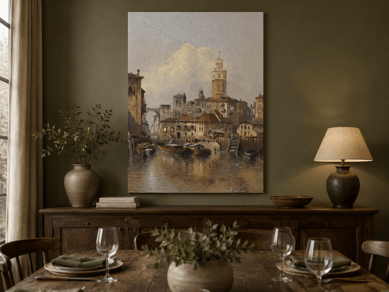 Peinture à l'huile de paysage - Paysage urbain de canal européen | Peinte à la main