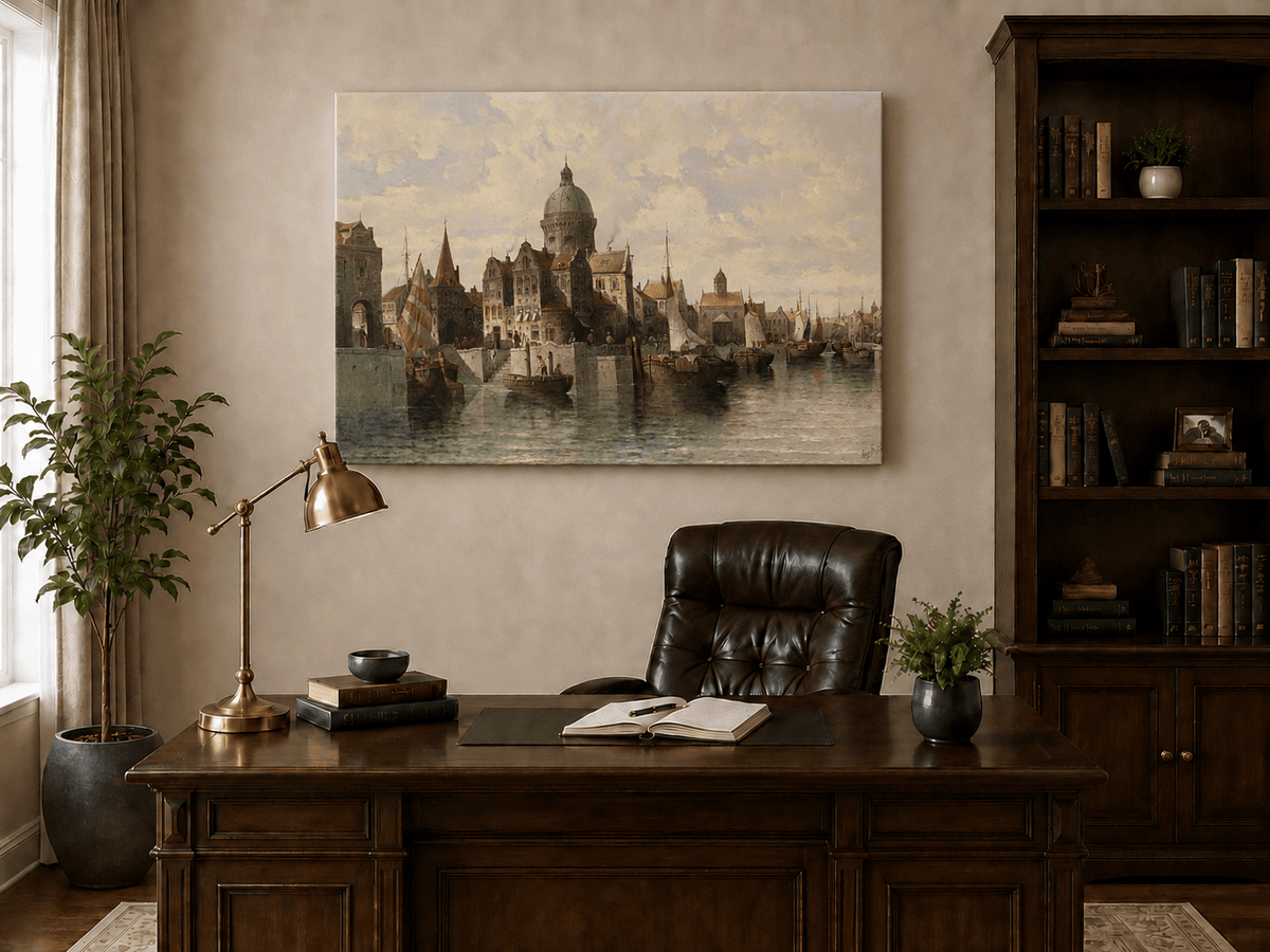 Landscape Oil Painting - European Canal Port & Historic