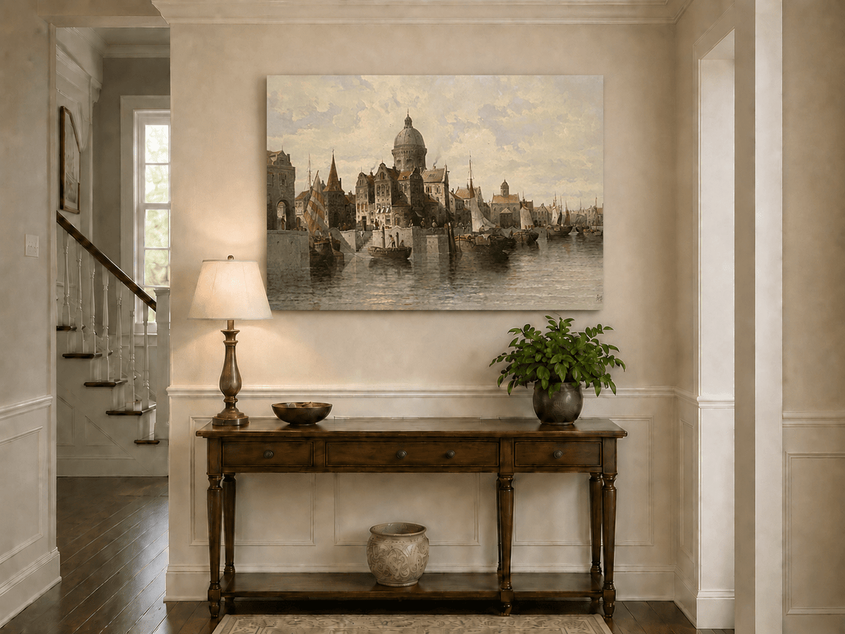 Landscape Oil Painting - European Canal Port & Historic