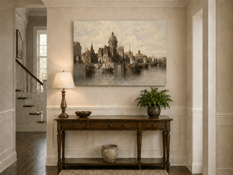 Landscape Oil Painting - European Canal Port & Historic