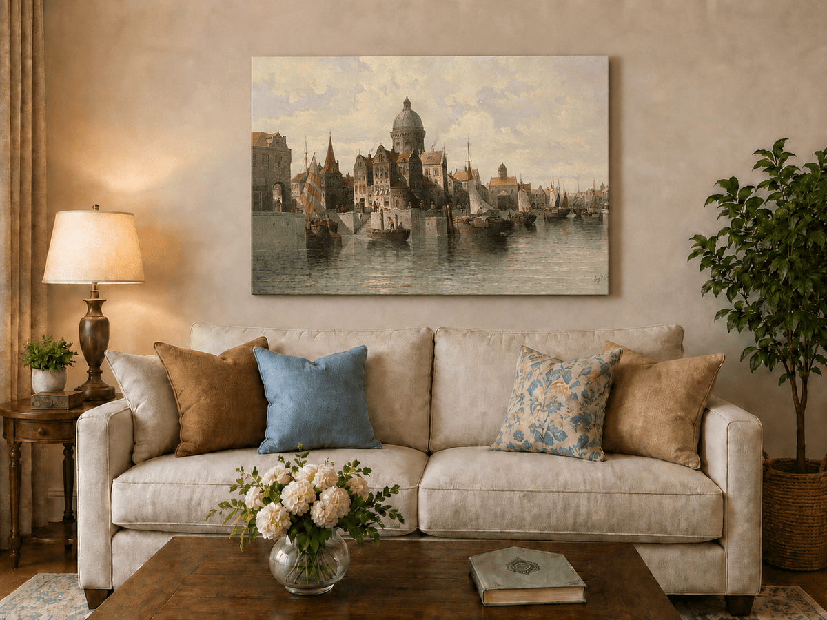 Landscape Oil Painting - European Canal Port & Historic