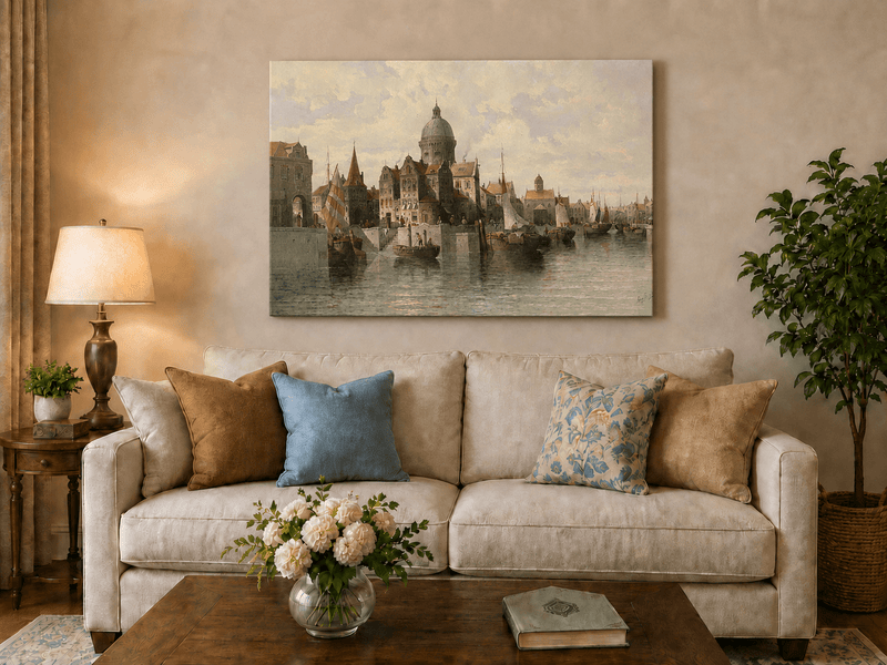 Landscape Oil Painting - European Canal Port & Historic