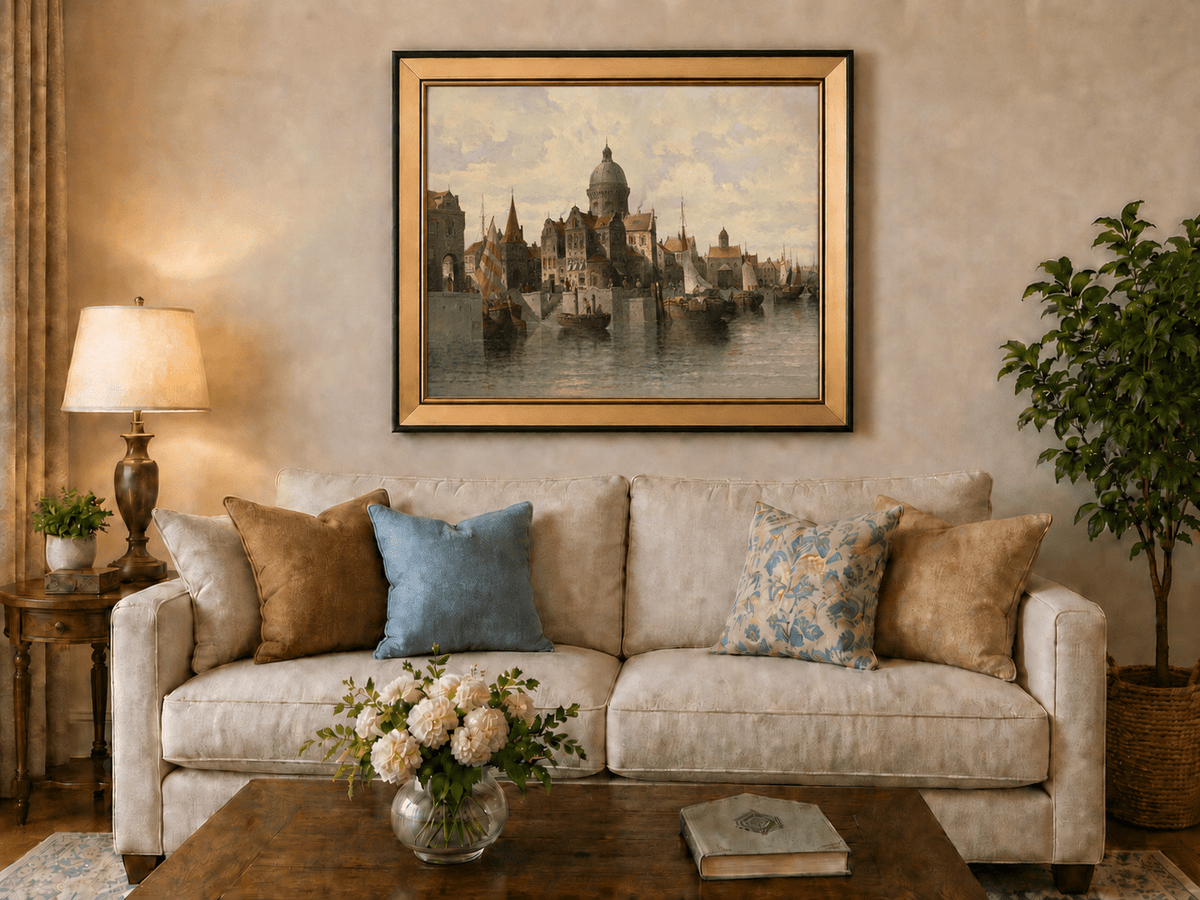 Landscape Oil Painting - European Canal Port & Historic