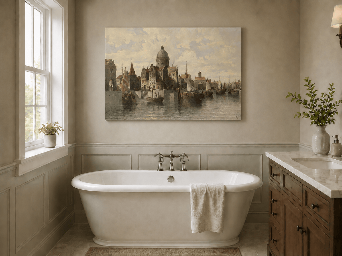 Landscape Oil Painting - European Canal Port & Historic