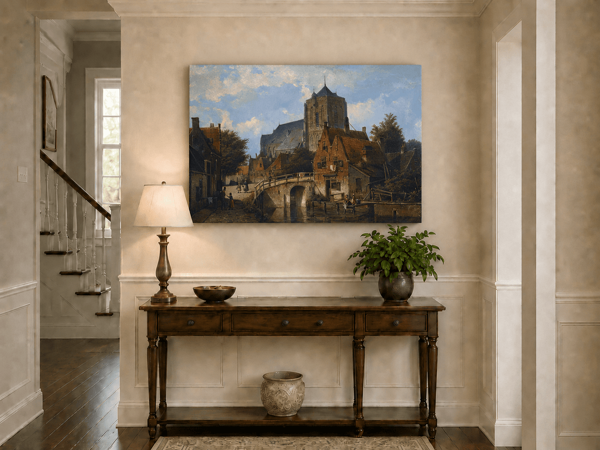 Landscape Oil Painting - European Canal Town Church