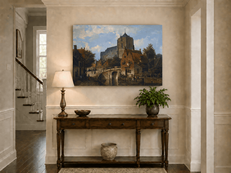 Landscape Oil Painting - European Canal Town Church