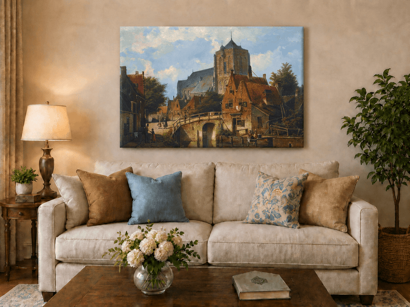 Landscape Oil Painting - European Canal Town Church