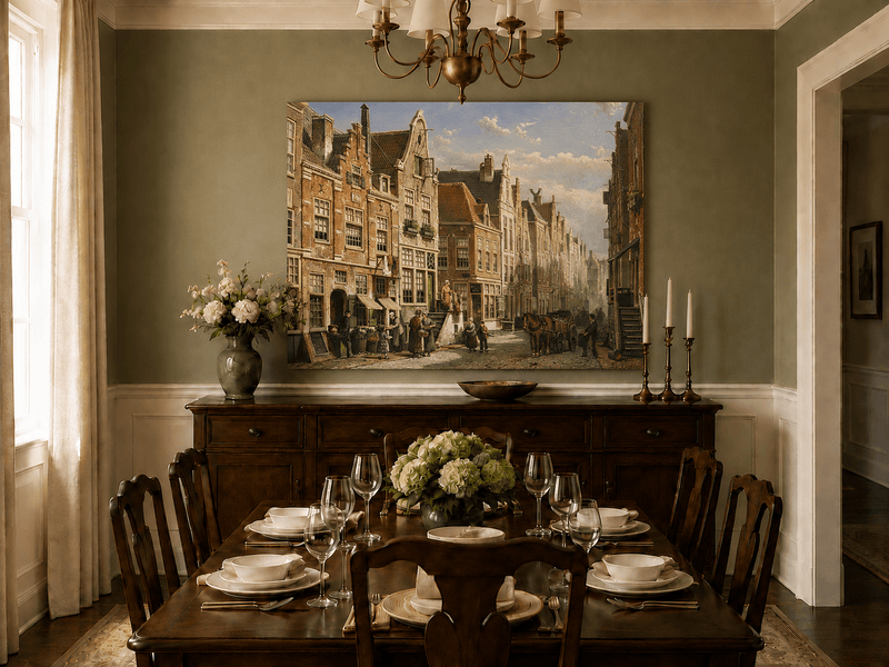 Landscape Oil Painting - European Canal Town Church