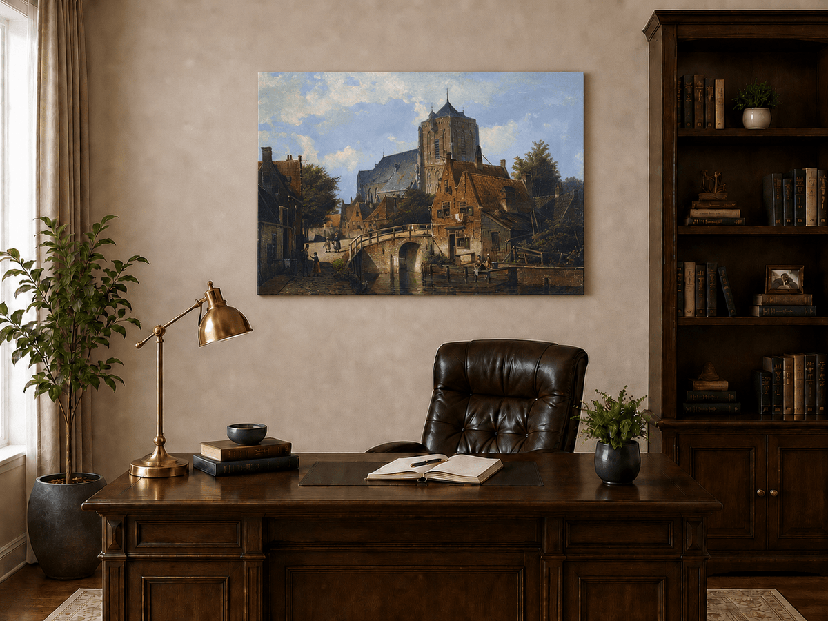 Landscape Oil Painting - European Canal Town Church