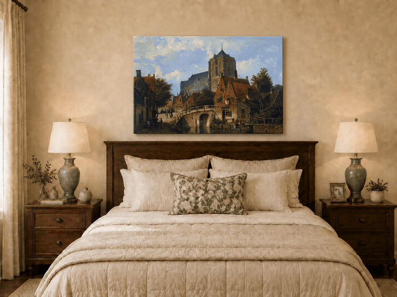 Landscape Oil Painting - European Canal Town Church