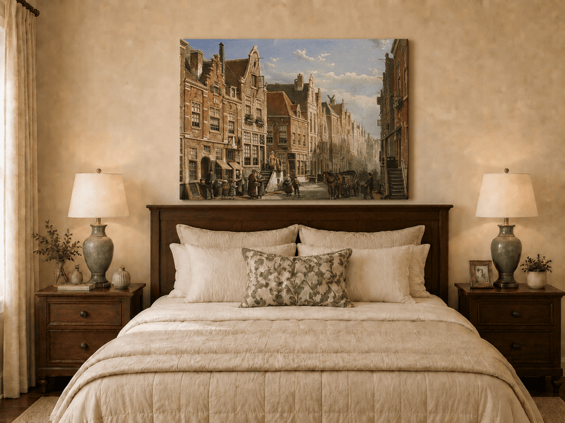Landscape Oil Painting - European Canal Town Church